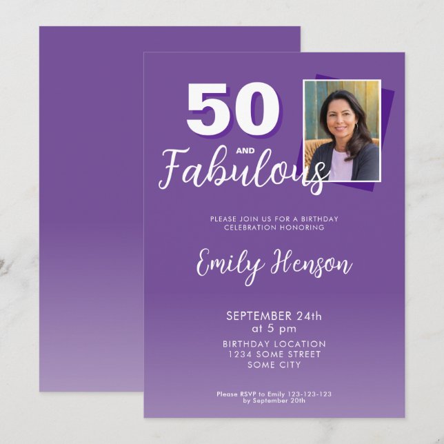 Purple 50 and Fabulous 50th Birthday Party  Einladung (Vorne/Hinten)