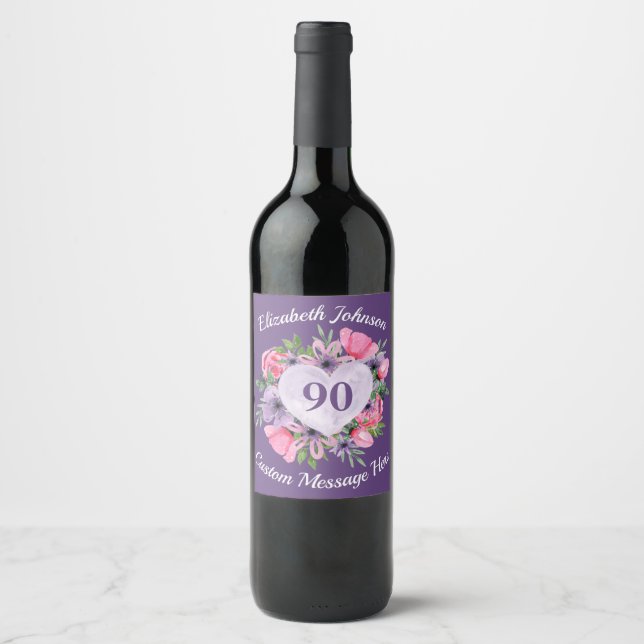 Purple 90e anniversaire Vin bouteille Étiquettes (Devant)