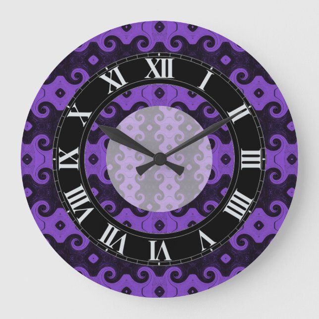 Purple Abstract Diamond Eye Curls Pattern Clock 2 Große Wanduhr (Vorderseite)
