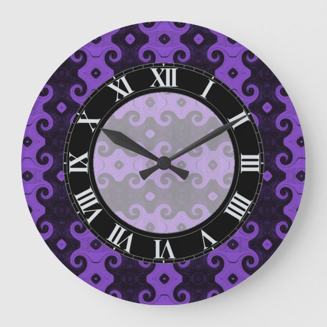 Purple Abstract Diamond Eye Curls Pattern Clock Große Wanduhr (Vorderseite)