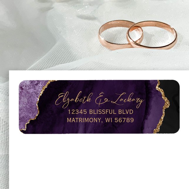 Purple Agate Gold Script Wedding Return Address (Von Creator hochgeladen)