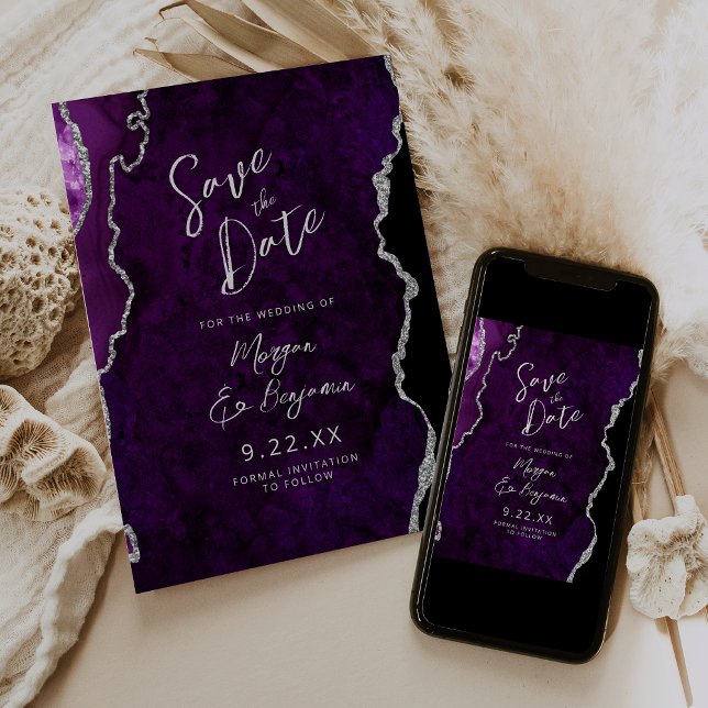 Purple Agate Silver Script Wedding Save the Date Einladung (Von Creator hochgeladen)