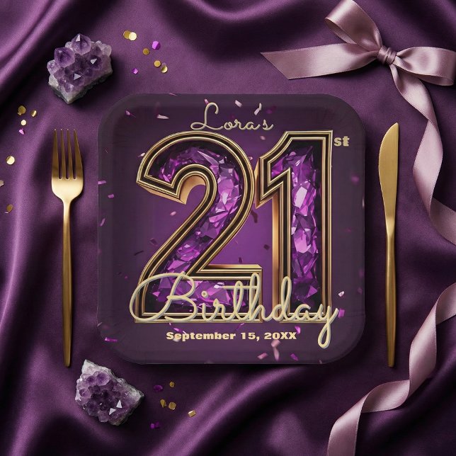 Purple Amethyst Crystal Gold 21st Birthday Pappteller (Von Creator hochgeladen)