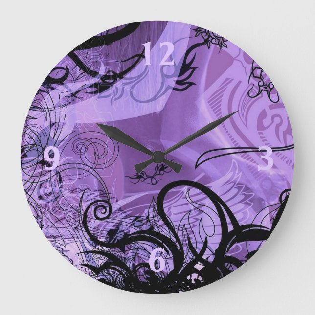 Purple and Black Goth Pattern Wall Clock Große Wanduhr (Vorderseite)