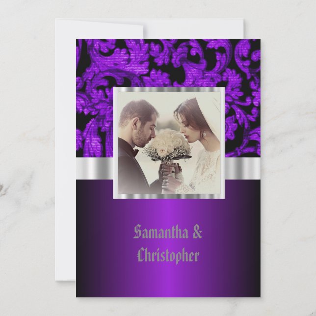 Purple and black gothic wedding photo invitation einladung (Rückseite)