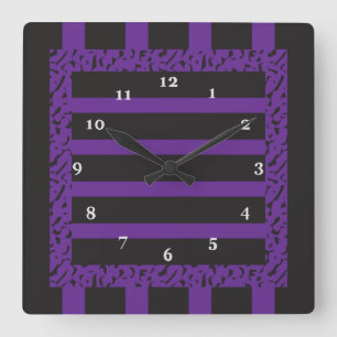 Purple and Black Striped Leopard Print Quadratische Wanduhr