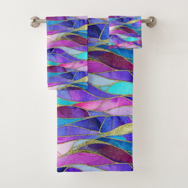 Purple and Blue Stained Glass Mosaic pattern Badhandtuch Set (Insitu)