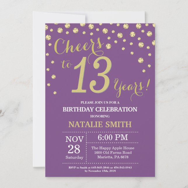 Purple and Gold 13e anniversaire Invitation diaman (Devant)