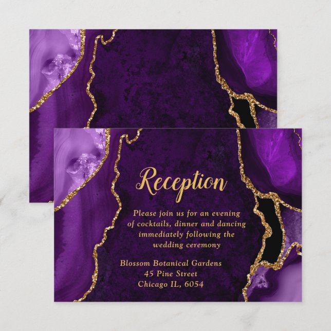 Purple and Gold Agate Wedding Reception Begleitkarte (Vorne/Hinten)