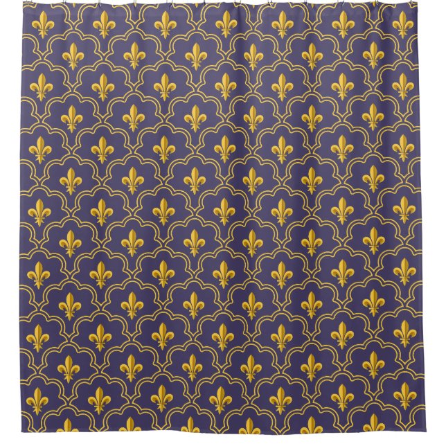 Purple and gold fleur-de-lys quatrefoil pattern duschvorhang (Vorderseite)