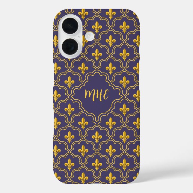 Purple and gold fleur-de-lys quatrefoil pattern iPhone 16 hülle (Rückseite)