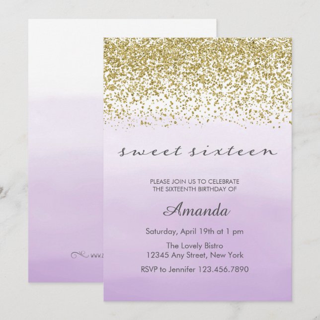 Purple and Gold Sweet 16 Invitation d'anniversaire (Devant / Derrière)