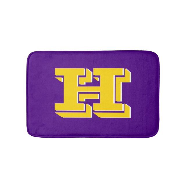 Purple and Gold Varsity Letter Style Monogram Badematte (Vorderseite)