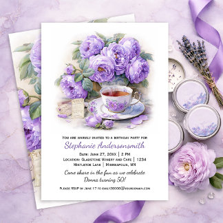 Purple and Lavender Peonies Tea Cup Birthday Party Einladung