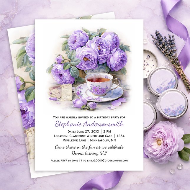 Purple and Lavender Peonies Tea Cup Birthday Party Einladung (Von Creator hochgeladen)