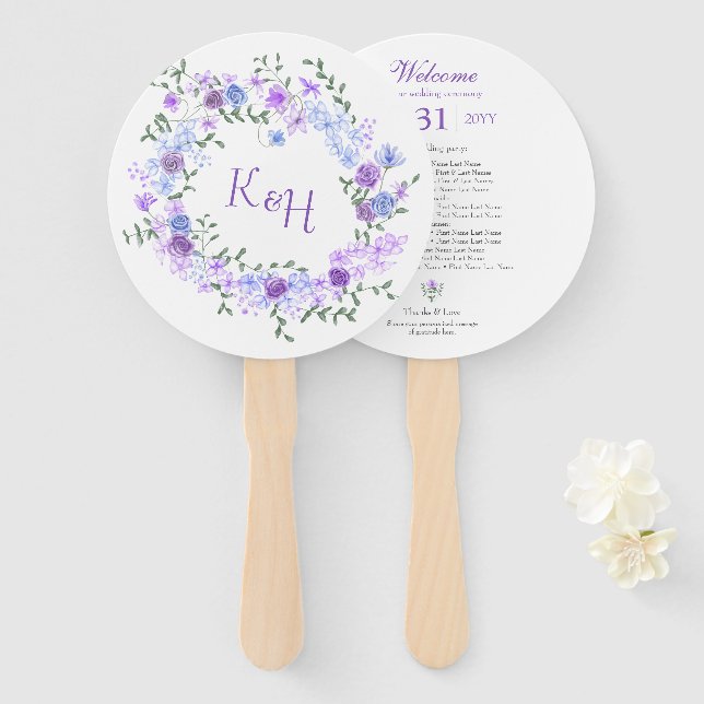 Purple and Light Blue Rose Wreath Wedding  Fächer (Vorne und Hinten)