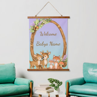 Purple and Mint Woodland Animals Wall Tapestry Wandteppich Mit Holzrahmen