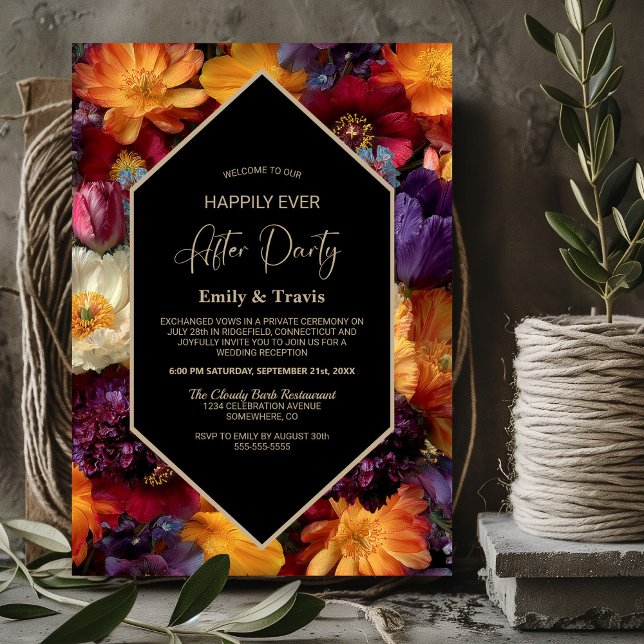 Purple and Orange Floral Black Wedding After Party Einladung (Von Creator hochgeladen)