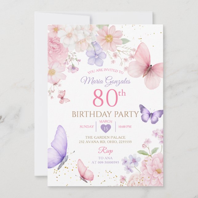 Purple and Pink Floral Butterfly 80th Birthday Einladung (Vorderseite)