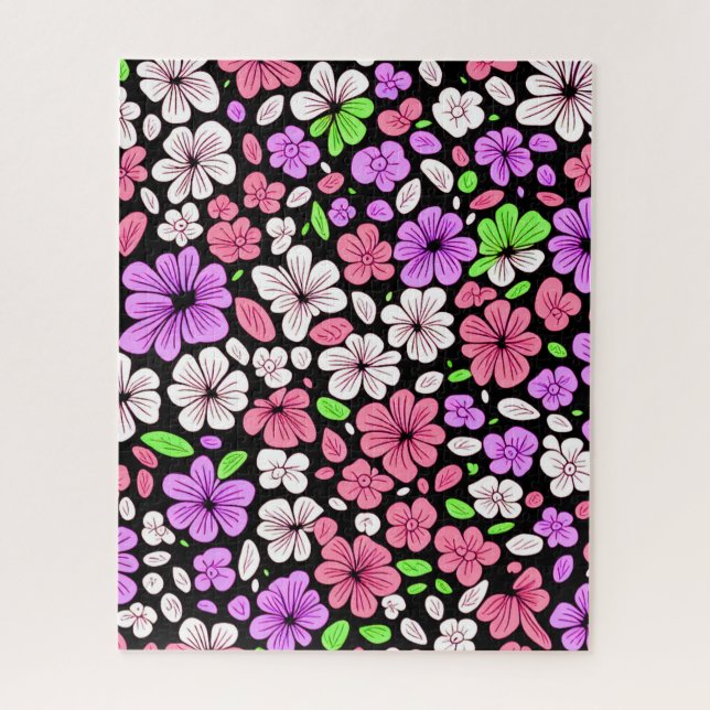 Purple and Pink Flowers and Petals Pattern Black (Vertikal)