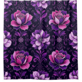 Purple and Pink Flowers Black Background Duschvorhang