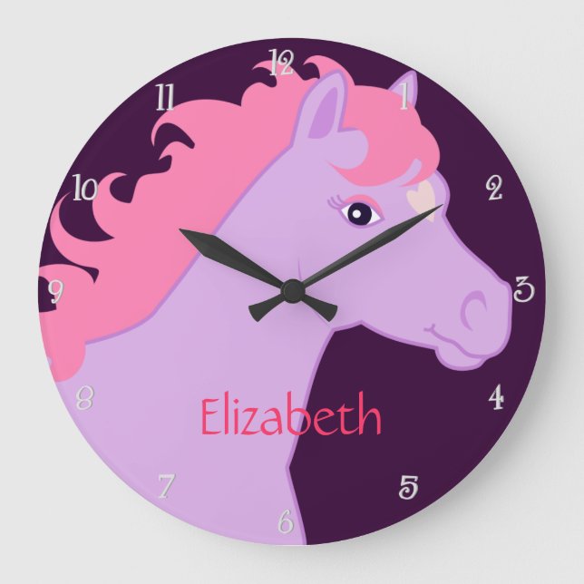 Purple and Pink Pony Personalized Wall Clock Große Wanduhr (Vorderseite)