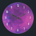 Purple and Pink Watercolor Abstract Background Große Wanduhr<br><div class="desc">A funky looking clock design on a purple and pink watercolor background. These vibrant watercolors mix and mingle together creating a simple,  minimalist,  vibrant,  dynamic design. The clock numbers are in a white art deco font.</div>
