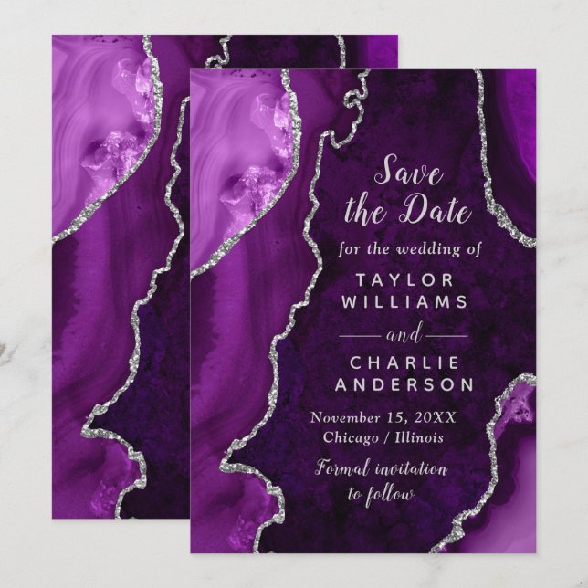 Purple and Silver Agate Marble Save The Date Einladung (Vorne/Hinten)