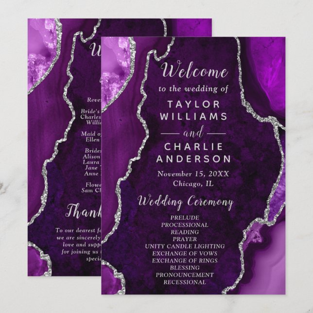 Purple and Silver Agate Wedding Program Programm (Vorne/Hinten)