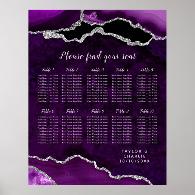 Purple and Silver Agate Wedding Seating Chart Poster (Vorne)