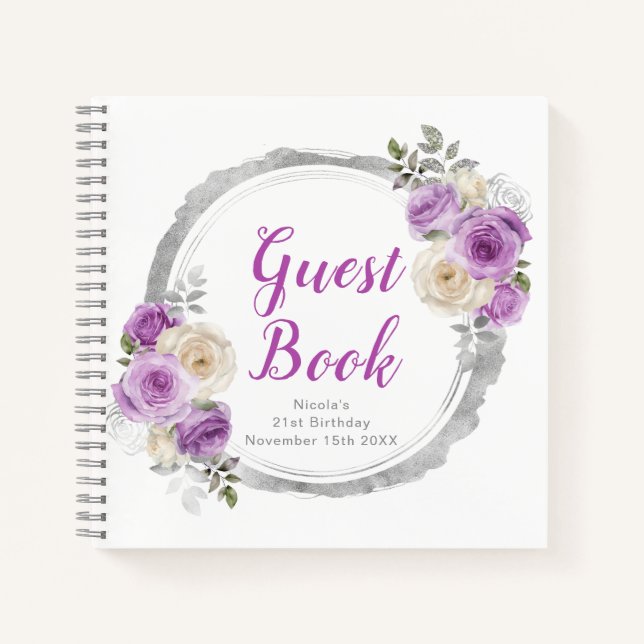 Purple and Silver Elegant Flowers Birthday Party Notizbuch (Vorderseite)