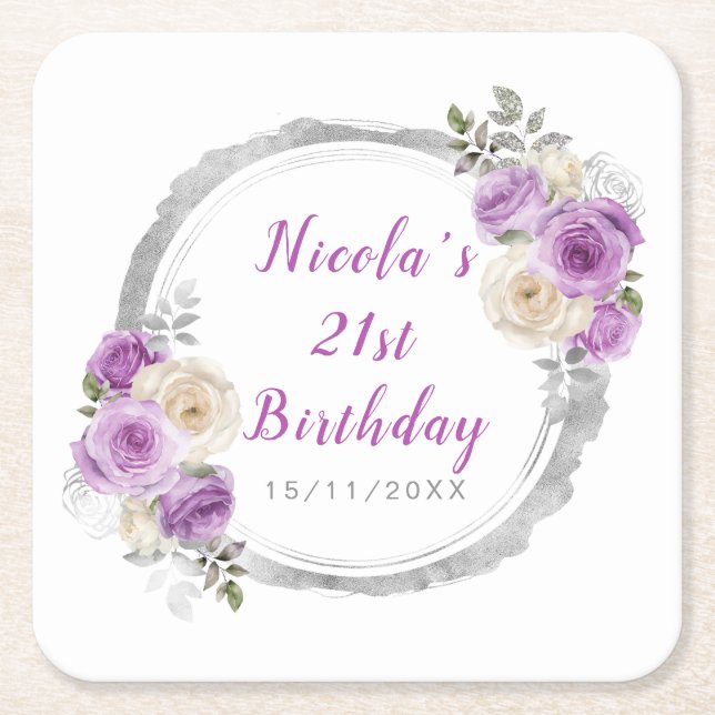 Purple and Silver Elegant Flowers Birthday Rechteckiger Pappuntersetzer (Vorderseite)