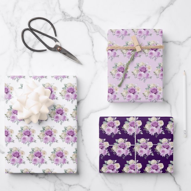 Purple and Silver Elegant Flowers Geschenkpapier Set (Vorderseite)