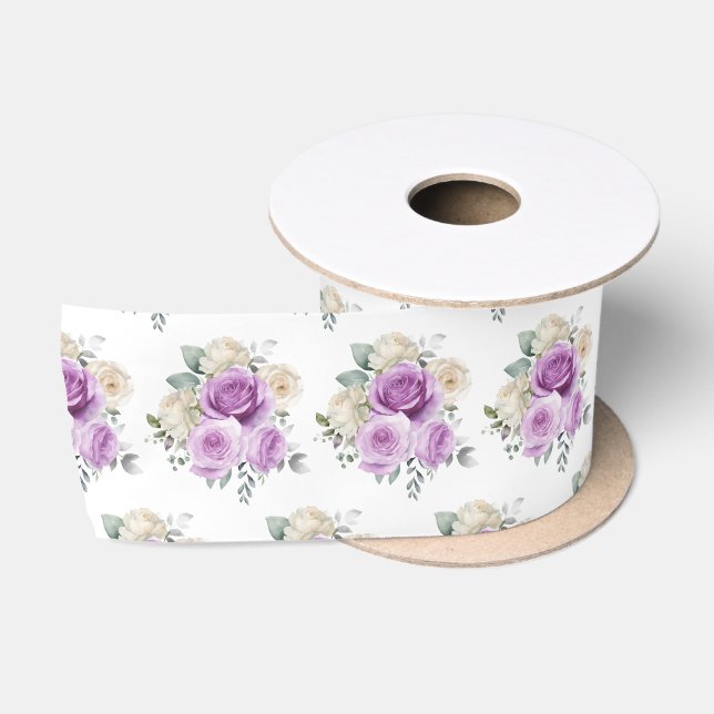 Purple and Silver Elegant Flowers Satinband (Spule)