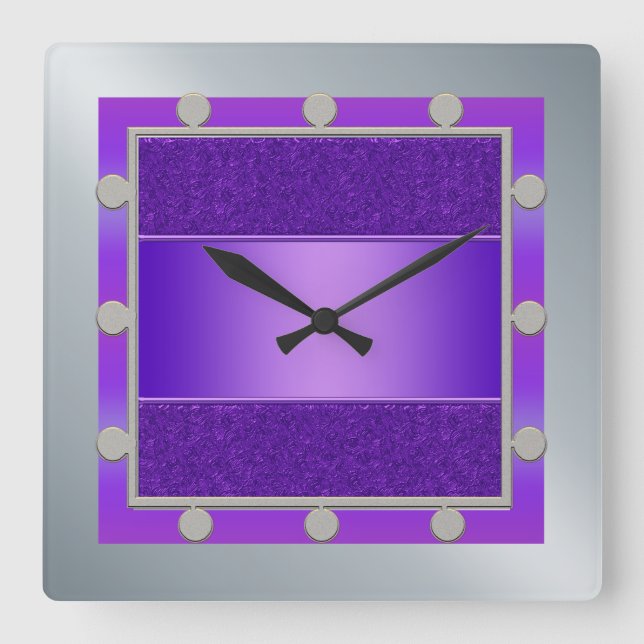 Purple and Silver Wall Clock Quadratische Wanduhr (Vorderseite)