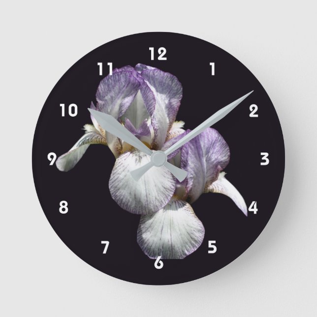 Purple And White Bearded Iris Flowers  Runde Wanduhr (Vorderseite)