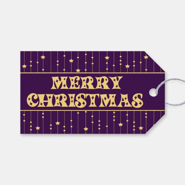 Purple and Yellow Bright Stars Merry Christmas Geschenkanhänger (Vorderseite (Horizontal))