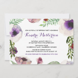 Purple Aquarelle Anémonique Invitation Anniversair