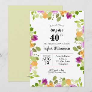 Purple Aquarelle Fleurit Invitations Anniversaires
