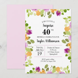 Purple Aquarelle Fleurit Invitations Anniversaires