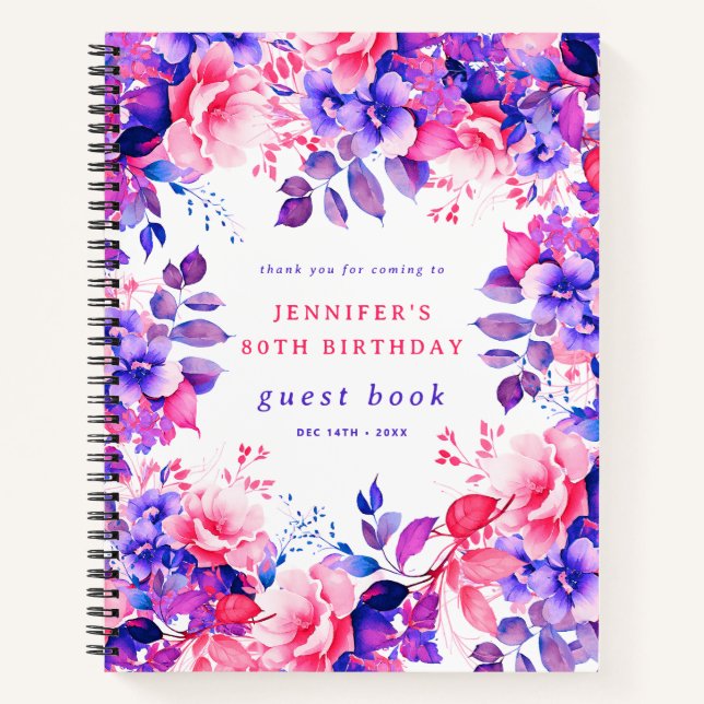 Purple Aquarelle Floral 80e Anniversaire Livre d'i (Devant)