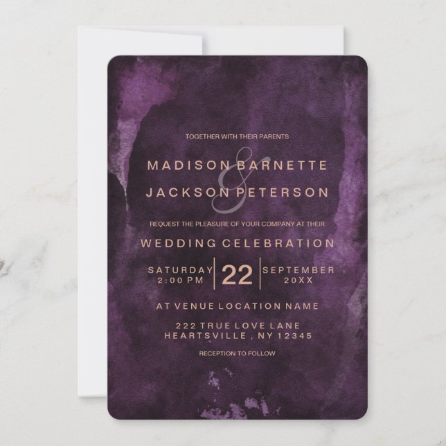 Purple Aquarelle Rose Gold Wedding Invitations (Devant)