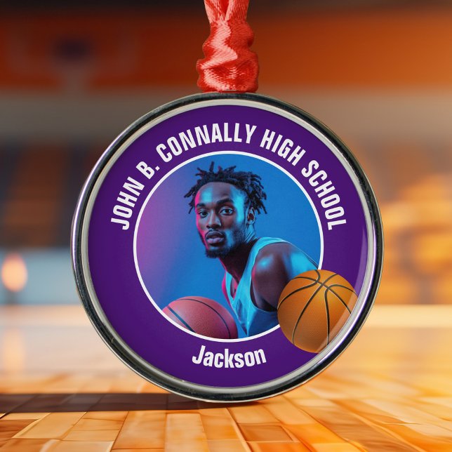 Purple Basketball Player Photo Christmas Ornament Aus Metall (Von Creator hochgeladen)