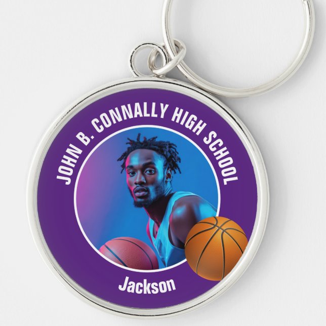 Purple Basketball Player Photo High School Spirit Schlüsselanhänger (Vorne)