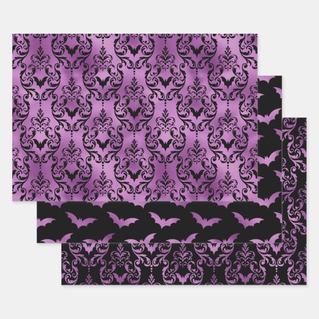 Purple Bat Halloween Damask Patterns Geschenkpapier Set (Set)