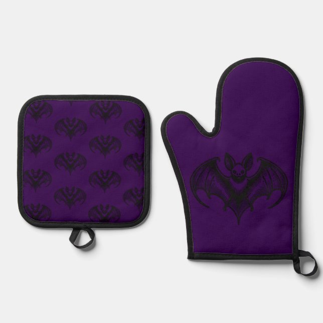Purple Bat Patterned Oven Mitt and Pot Holder Set (Vorderseite)