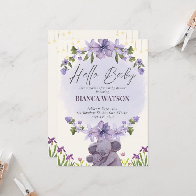 Purple Beige mignon Baby shower Invitation (Devant/Arrière en situation)