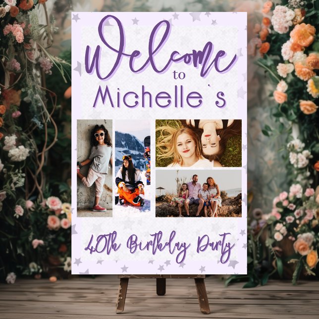 Purple Birthday Party Photo Collage Welcome Acrylschild (Von Creator hochgeladen)