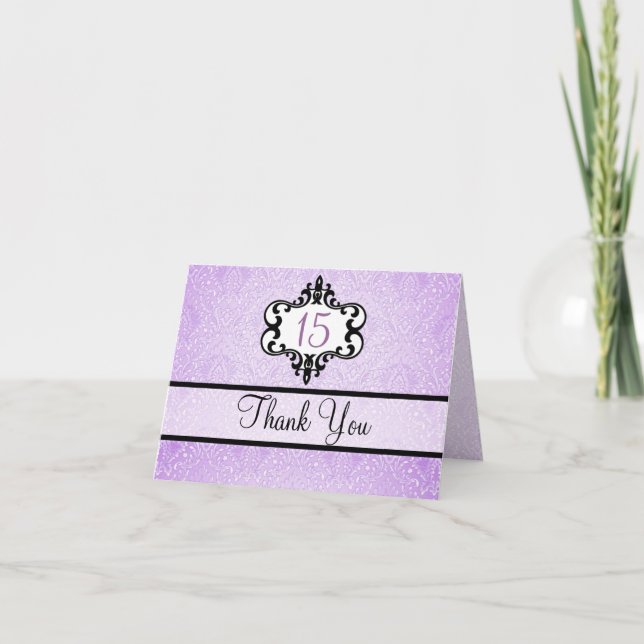 Purple & Black Chic Damask Carte de remerciements (Devant)