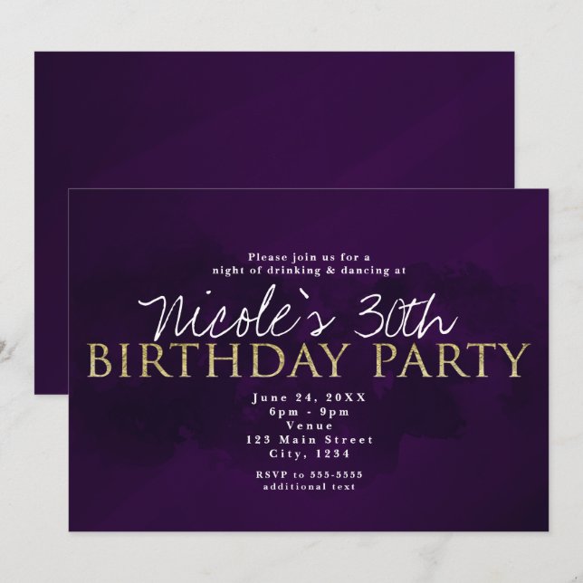 Purple Black & Gold Glam Invitations de parties mo (Devant / Derrière)